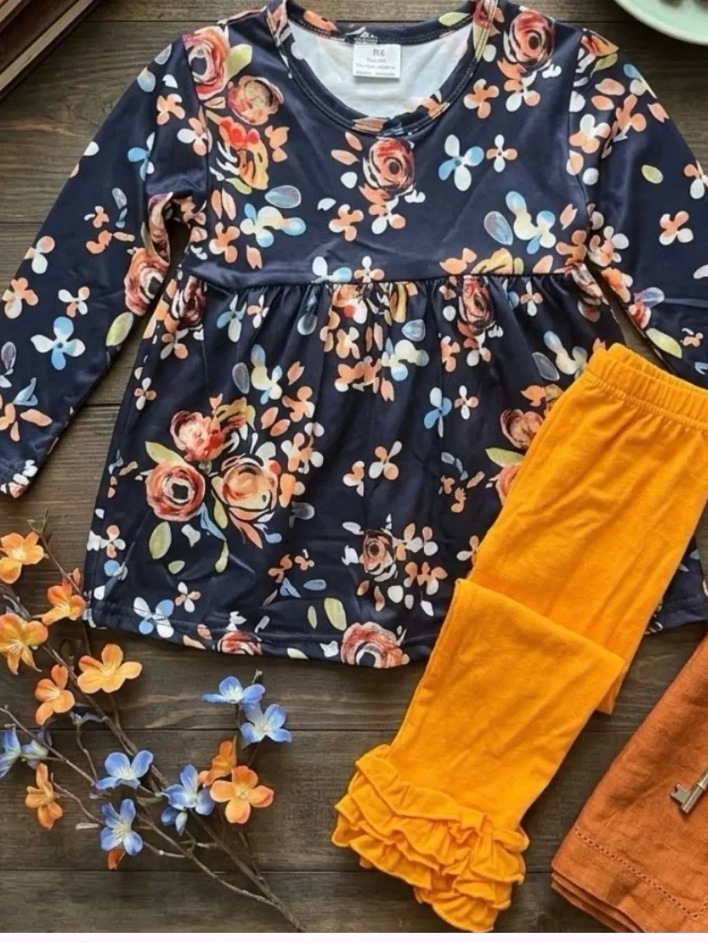 Navy Floral Peplum Top & Mustard Ruffle Leggings Set - Kids